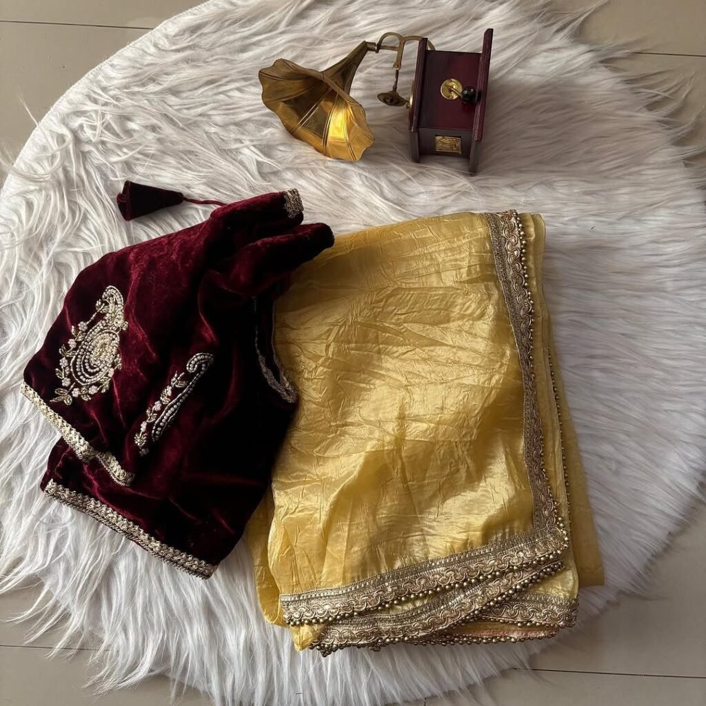 Gold Tissue Designer Saree with Handworked Blouse